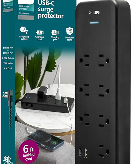 Philips 7-Outlet Surge Protector Power Strip with USB, 1 USB-A, 1 USB-C, 6 Ft Braided Extension Cord, Mutli Plug Outlet Extender, Adapter-Spaced, Charging Station, 15W, 1500 Joules, Black, SPP3703B/37