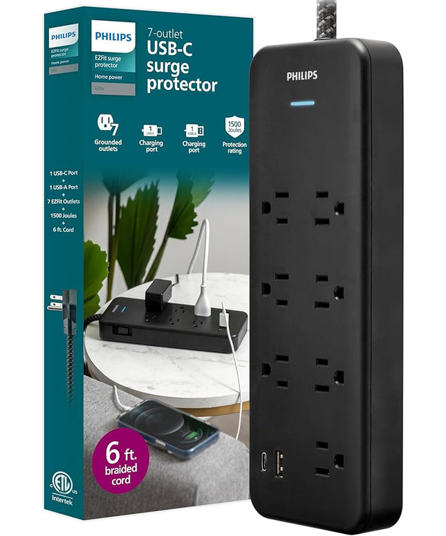 Philips 7-Outlet Surge Protector Power Strip with USB, 1 USB-A, 1 USB-C, 6 Ft Braided Extension Cord, Mutli Plug Outlet Extender, Adapter-Spaced, Charging Station, 15W, 1500 Joules, Black, SPP3703B/37