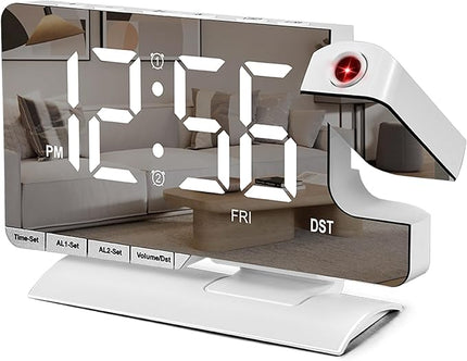 SZELAM Digital Clock,Alarm Clock Bedside with Projection,7.3" Mirror Clock with 180°Rotating Projector,Dual Alarm with 3 Mode,Brightnee Adjust,DST,Snooze,Charging Port,5 Levels Volume for Desk Teens