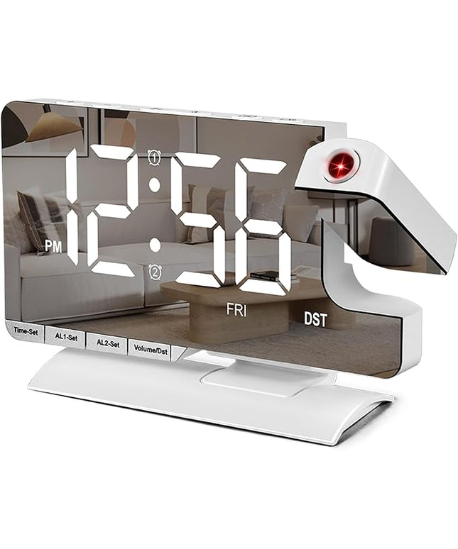 SZELAM Digital Clock,Alarm Clock Bedside with Projection,7.3" Mirror Clock with 180°Rotating Projector,Dual Alarm with 3 Mode,Brightnee Adjust,DST,Snooze,Charging Port,5 Levels Volume for Desk Teens
