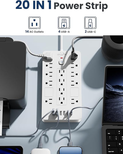 Surge Protector Power Strip-14 Outlets and 6 USB Ports, 6 Feet Flat Plug Extension Cord, 1850 Joules, White, ETL Listed for Home, Office, Dorm Room