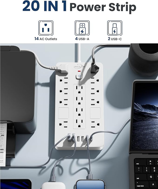 Surge Protector Power Strip-14 Outlets and 6 USB Ports, 10 Feet Flat Plug Extension Cord, 1850 Joules, White, ETL Listed for Home, Office, Dorm Room
