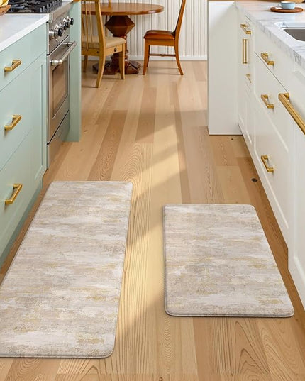 Collive Kitchen Mats Cushioned Anti Fatigue, Abstract Kitchens Floor Mat Non Slip Desk Rugs Waterproof, Beige Memory Foam Comfort Standing Rug for Sink, Home Decor, 17"x59"+17"x29"