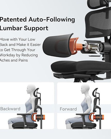 Newtral Office Chair Ergonomic - Home Office Desk Chair, Big and Tall Office Chair, Auto-Following Lumbar Support for Back Pain, Adjustable Seat Depth and Height (with Footrest, Black)