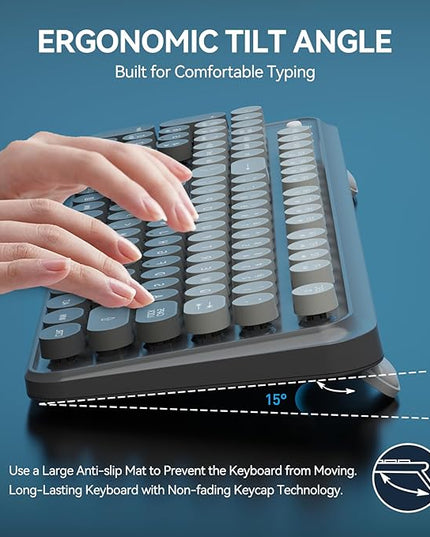 FOPETT Wireless Keyboard and Mouse Combo - Cute Colorful Mouse and Keyboard 2.4G Full-Sized with 104 Round Keys Retro Typewriter Keyboards for Laptop/Windows/PC - Grey Gradient