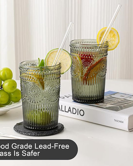 Vintage Glassware Drinking Glasses Set of 6,13 oz Grey Textured Flower Design Glass Water Tumblers，Embossed Striped Drinkware for Water,Cocktails,Juice,Iced Coffee