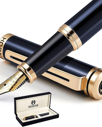 HDDNB Blue Luxury Fountain Pen Set for Men and Women with Gift Box, 24K Gold Finish and Gilded Nib(Fine) with 5 Black Ink Cartridges and Converter