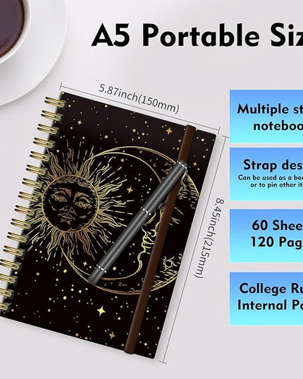 Spiral Journal Notebook, A5 Cute Notebooks for Women Men, College Ruled Hardcover Notebook for Work & Note Taking, 60 Pages Double-Wire Journals for Writing, Gold Sun Moon