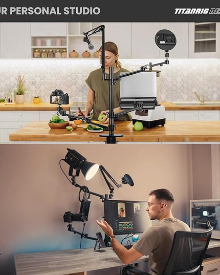 TARION Overhead Camera Desk Mount: 4-in-1 Heavy Duty Mount Set with 1 Mic Boom Stand + 3 Articulating Arms for DSLR Cameras Ring Light Monitor Laptop - Live Stream Stand TitanRig Desk