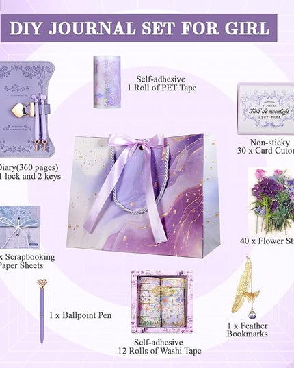 Janlaugh DIY Journal Diary with Lock Set Scrapbook Kit Stationary Diary Supplies Art Crafts Kit for Birthday Holidays Ideal Gifts for Women Teen Girls(Purple,Bright)
