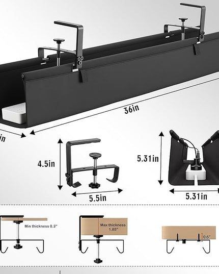 Desk Cable Management Tray, Fabric Cable Organizer, No Drill Large Clamp/Screw Mount Wire Organizer-Support Up to 30lbs, Standing Desk Cable Management for Office Home (Black,36 Inch)