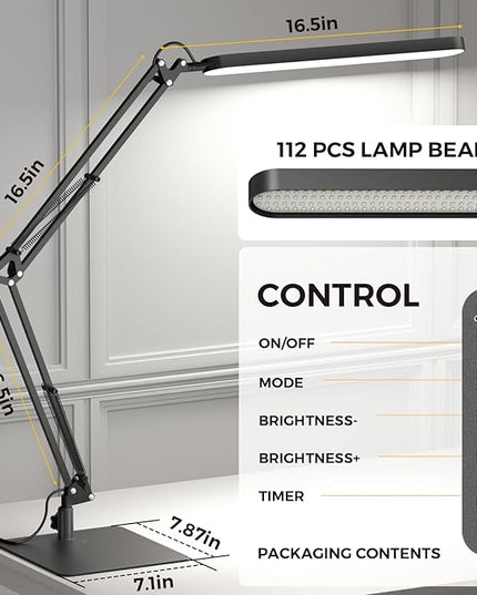 SKYLEO LED Desk Lamp with Slim Base - Adjustable Swing Arm Desk Light, Dimmable, Timer, Eye Protection, Memory Function, 1300LM, 12W, Black