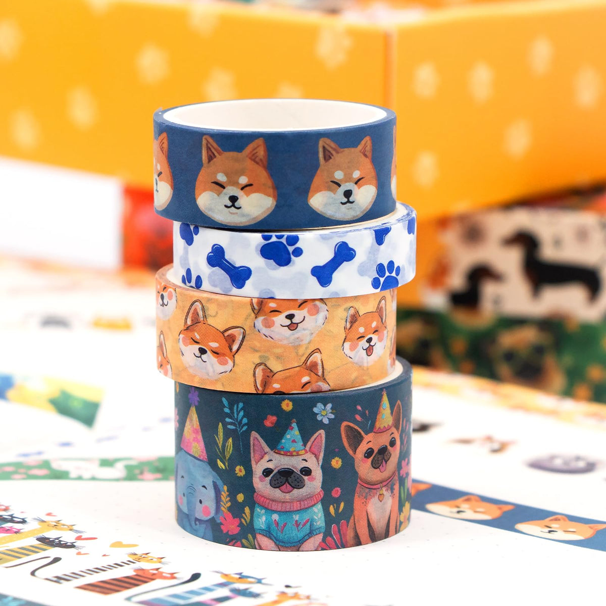 KOVANO Washi Tape Set 14 Rolls, Cute Animal Decorative Tape, Cats Puppies Pugs Designs Washi Tapes for Scrapbooking Supplies, Journaling Supplies, Crafts