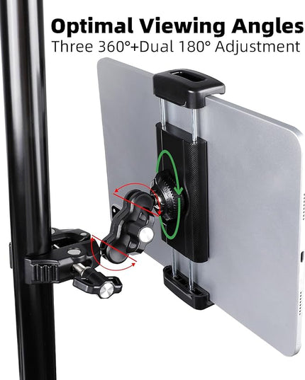 FPN Tablet Holder for Microphone Stand/Treadmill/Spin Bike/Stroller/Golf Cart/Handlebar/Stationary Bike, Phone iPad Holder Mount for iPad Pro 12.9, Galaxy Tabs, iPhone(4.7-13”)