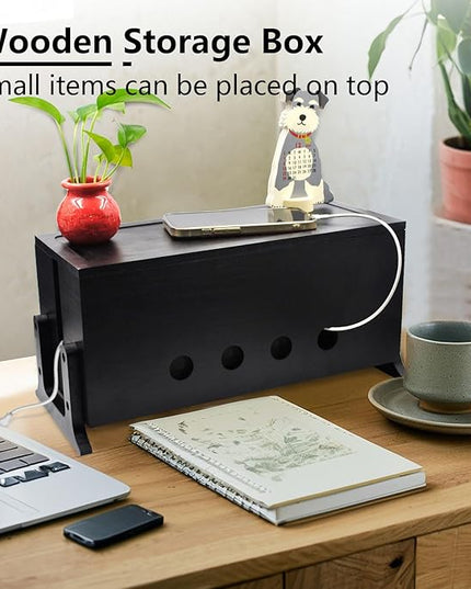 Large Cable Management Box, Wood Cord Hider Box & Organizer for Power Strip Hider Cable Storage for Office, TV Wires, Desk Cord Organizer, 14.2" x 6" x 6.3", Black, Wood