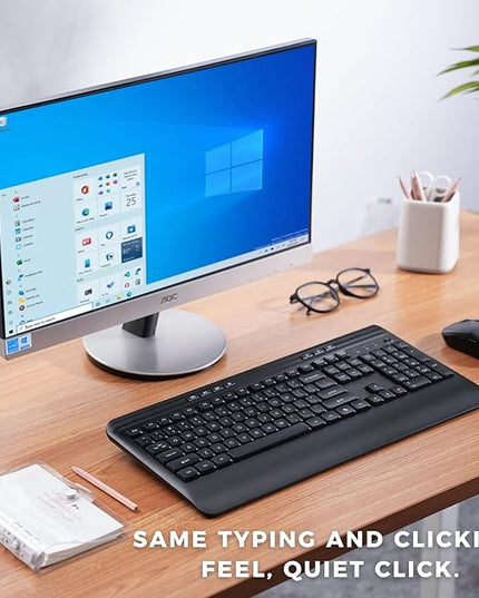 Wireless Keyboard and Mouse Set with Quiet Keys, 2.4G Full Size Ergonomic Keyboard with Wrist Rest, Protective Covers, Soft Touch Silent Design for Windows, Computer, PC and Laptop