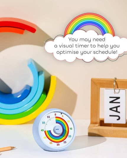Visual Timer for Kids, 60-Minute Countdown Timer for Classroom Office Kitchen, Desk Timer Kids Time Management Tools with Silent Operation, Pomodoro Time Rainbow Pattern (Aquamarine)