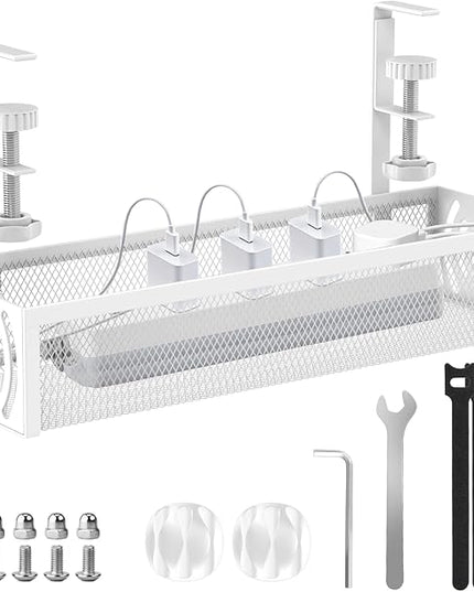 Cable Management, 15'' Under Desk Cable Management Tray No Drill, Metal Cable Organizer with Clamp for Wire Management, Cord Organizer for Home Office, Desk Accessories Organizer, White