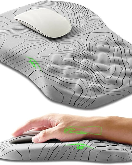 Ergonomic Slope Mouse Pad Wrist Support, Wrist Rest Mousepad for Carpal Tunnel Pain Relief with Massage Bulge and Slow Rebound Memory Foam (12x8 inch, White Contour Lines)
