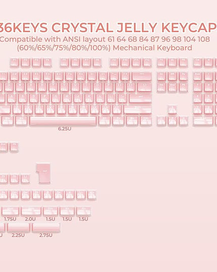 XVX Pink Jelly Keycaps for Mechanical Keyboard, Cute Crystal Keyboard Keycaps, Shine Through Keycap Set Compatible with 61/68/84/87/98/100 ANSI and ISO Layout MX Switches Mechanical Keyboard