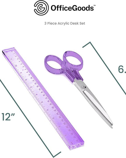 OfficeGoods 3 Piece Acrylic Desk Set - Includes Ruler, Staple Remover, Scissors - Functional & Elegant Desk Accessories - Stationery Tools for Home, Office, and School - Purple with Silver Metal