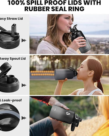 Insulated Water Bottle 64 oz, Triple Wall Vacuum Stainless Steel (Cold for 48 Hrs), Leak Proof & Non-BPA, Half Gallon Water Flask Jug with Paracord Handle & Straw Spout Lids, Dark Gray