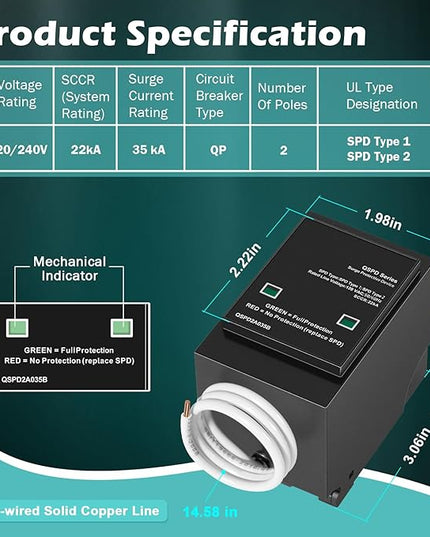 Replacement for Siemens QSPD2A035B 1-Phase 3-Wire Surge Protection Device, 120/240 VAC, 35 kA SCCR, 2 Poles