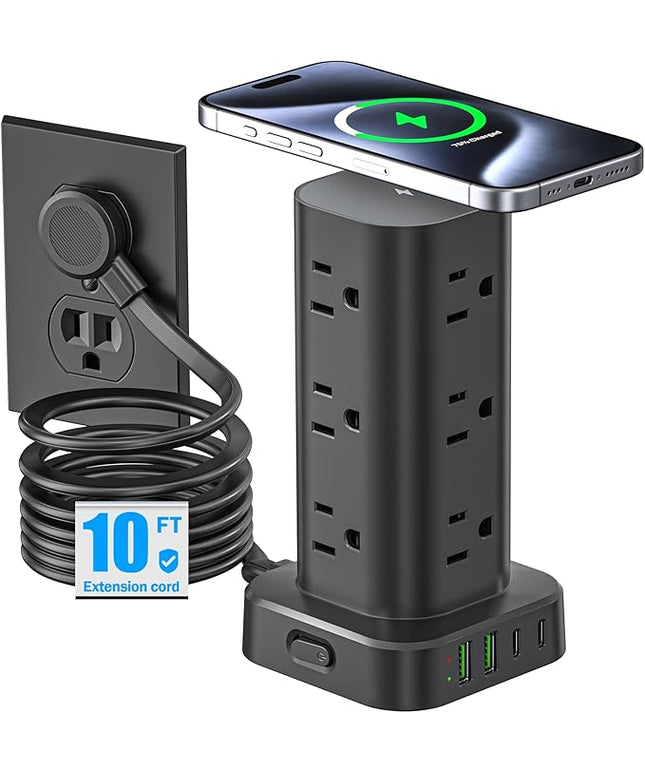 Tower Power Strip with 15W Wireless Charger, 10FT Flat Plug Extension Cord with Multiple Outlets, 12 AC Outlets, 4 USB Ports (2 USB C) Charging Station Surge Protector for Office Home Dorm Room(Black)