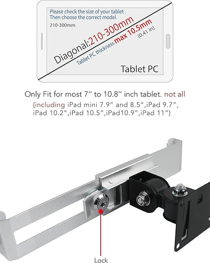 WeSTRUGGLE Tablet Wall Mount Holder with Anti Theft Lock,Rotate Design,Multi Angle,Bracket for Most 8 to 10.4 Inch,and for iPad 7.9" 8.3" 9.7" 10.2" 10.5" 10.9"& 11",Galaxy tab,& More,(Silver)