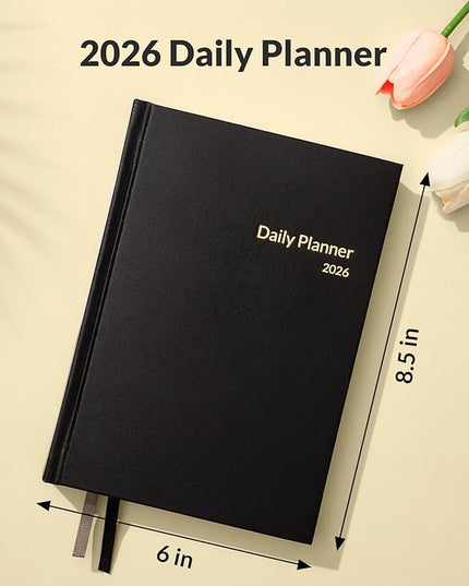 SUNEE 2026 Daily Planner A5 Hardcover – Hourly Schedule Organizer with Monthly Tabs & Task Tracker – Black Cover Time Management Notebook for Work, School, Personal Goals