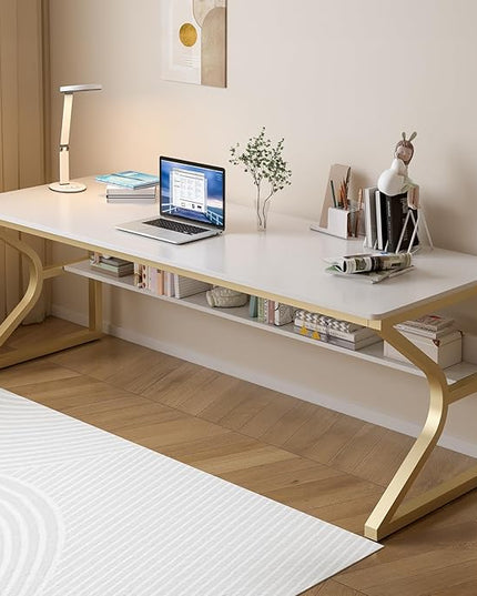 Extra Long Desk with Bookshelf - 71" Double Long Writing Table for 2-Person Workstation, Modern Study Work Computer Desk for Home and Office, Gold