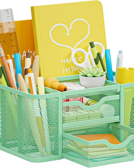Marbrasse Mesh Desk Organizer, Pen Organizer with 2 Drawer, Multi-Functional Pencil Holder, Desk Organizers and Accessories with 5 Compartments + Drawer for Office Art Supplies (Green)