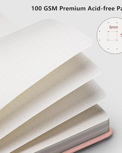 RETTACY Bullet Dotted Journal Notebook, 192 Pages, A5 Medium Size (5.7'' x 8.3''), Leather Hardcover, 100 GSM Thick Paper, for Bullet Journaling, Planning, Tracking (Pink)