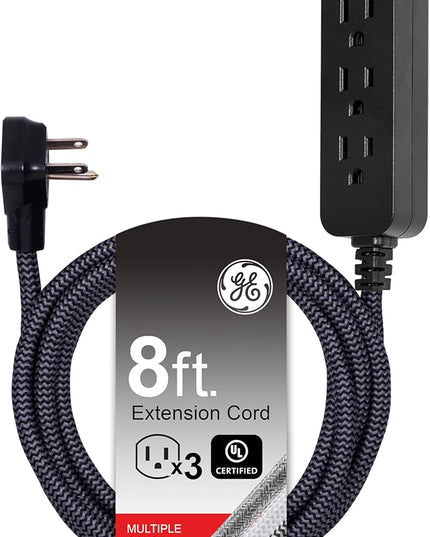 GE 3-Outlet Power Strip Extension Cord with Multiple Outlets 8 Ft Braided Short Cord Extension Cord Grounded Flat Plug ETL Listed White 41282