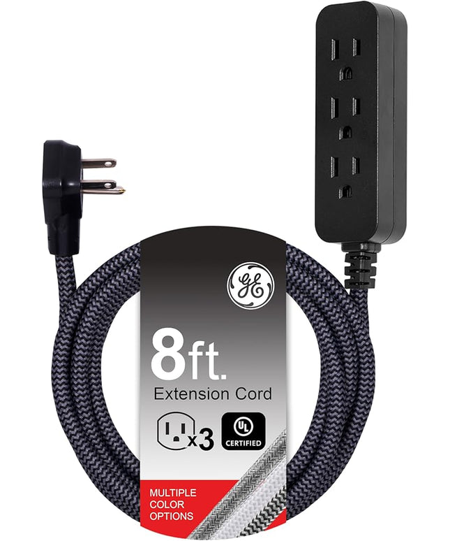GE 3-Outlet Power Strip Extension Cord with Multiple Outlets 8 Ft Braided Short Cord Extension Cord Grounded Flat Plug ETL Listed White 41282