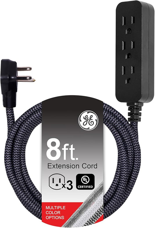 GE 3-Outlet Power Strip Extension Cord with Multiple Outlets 8 Ft Braided Short Cord Extension Cord Grounded Flat Plug ETL Listed White 41282