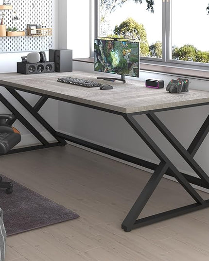 LVB Modern Long Office Desk, Large Wood Metal Computer Desk, Industrial Double Workstation Desk for Two People, Rustic PC Executive Work Study Writing Computer Table for Home, Light Grey Oak, 78.7 in