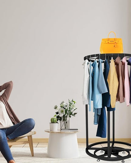 Rotatable Round Garment Display Rack, Floor-Standing Double Space Multi-Purpose Metal Shelf for Clothes Storage, Commercial Clothing Organizer in Retail Boutiques (Black, 27.6"x 51.2")