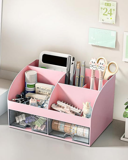 COMFYROOM Desk Organizer with 6 Compartments and 2 Drawers, Plastic Makeup Organizer, Pen Holder for Desktop Storage, Desk Organization for School, Home, Office Supplies (Pink)