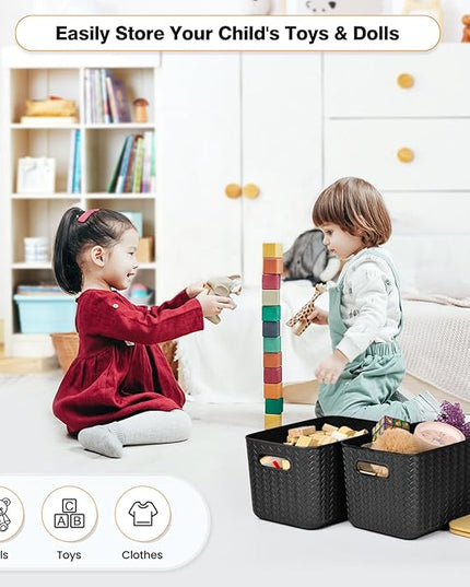 4 Packs Storage Bins with Bamboo Lids - Plastic Storage Containers with Lids Stackable Storage Box: Storages Baskets for Organizing Desktop Closet Playroom Classroom Office, Black