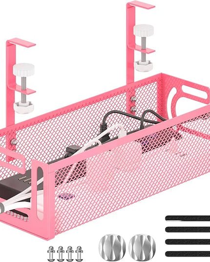 Under Desk Cable Management Tray, 15.7'' No Drill Steel Desk Cable Organizers, Wire Management Tray Cable Management Rack (1 Pack-Pink)