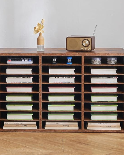 VEVOR Literature Organizer, 24 Compartments Office Mailbox with Removable Shelves, Wooden Mailbox Sorter Particle Board Office Home Classroom Storage, File Sorter for Documents, Papers, Retro Brown