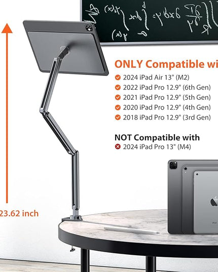 KU XIU Magnetic iPad Pro 12.9 Stand, Aluminum Alloy Foldable Arm Mount or Working, Multi-Node Adjustable Tablet Holder for iPad Pro 12.9" 3rd/4th/5th/6th Gen-Gray