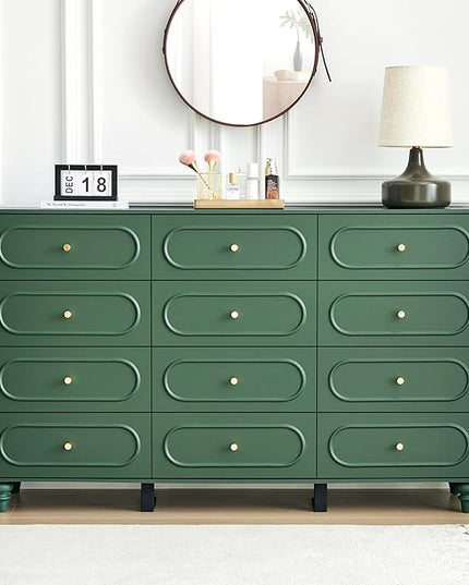12 Drawer Fluted Dresser for Bedroom, Mid Century Modern Chest of Drawers, Wood Storage Small Dresser Organizer for Bedroom Living Room Hallway Closet, Green