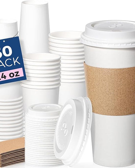 Fit Meal Prep 50 Pack 24 oz Disposable Coffee Cups with Lids, Sleeves, Leak-Proof To Go Coffee Cups with Lids, Durable Hot Paper Cups for Home, Office, Party, Business