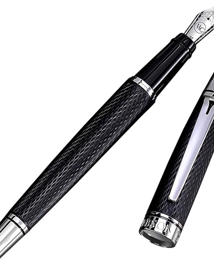 Webson Gill Show Up' Black Luxury Executive Fountain Pen, Woven Lacquer & Chrome, Medium Nib, Smudge Free, No Bleed, Use Any Fountain Ink with Included Converter, Fits Cartridges (sold separately)