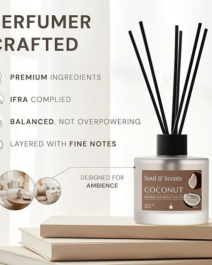Soul & Scents Reed Diffuser Set – Coconut | 7.43 oz Refillable Scented Oil with 6 Fiber Sticks | Long-Lasting Home Fragrance & Air Freshener for Bedroom, Bathroom, Office | Gift & Décor Piece