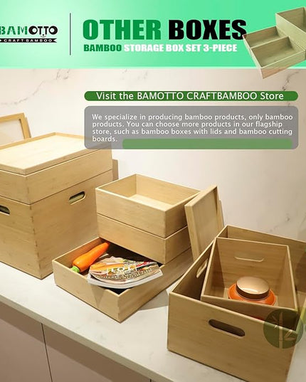 3-Piece Large Bamboo Storage Box Set, 7.1 in High Stackable Deep-Drawer Organizer for Kitchen Cutlery, Utensils & Knives, Exquisite and Durable Lidless Wooden Bin (14.6"x10.2x7.1"*1+10.2"x7.3"x3"*2)