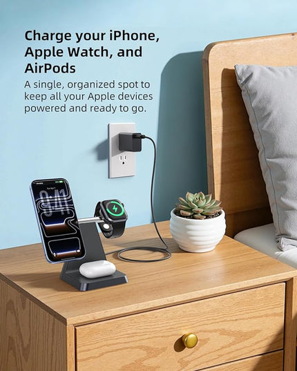 Charging Station for Multiple Devices Apple: 3 in 1 Magnetic Wireless Charger Stand for MagSafe-Compatible Nightstand Charging Dock for iPhone 17 16 15 14 13 12 Pro Max Plus Apple Watch Airpods