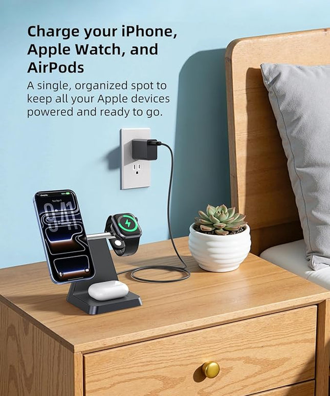 Charging Station for Multiple Devices Apple: 3 in 1 Magnetic Wireless Charger Stand for MagSafe-Compatible Nightstand Charging Dock for iPhone 17 16 15 14 13 12 Pro Max Plus Apple Watch Airpods
